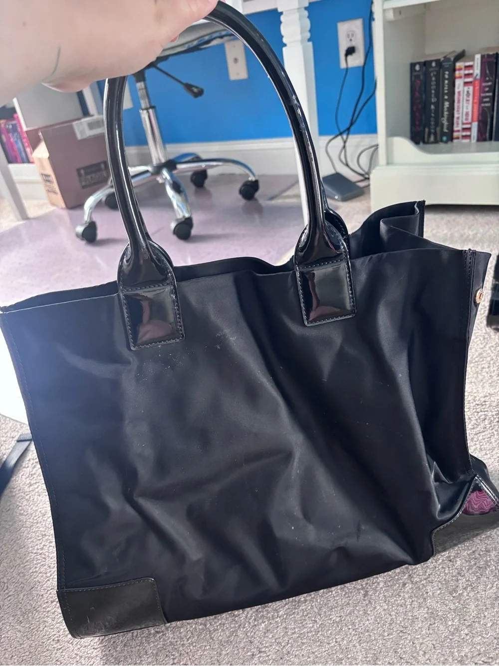 Tory Burch Black Nylon Tote with Patent Logo